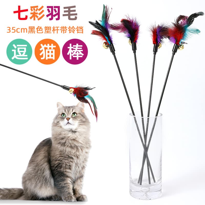 Pipetao interactive funny cat stick in stock wholesale colorful feather funny cat stick Bell short rod plastic funny cat toy